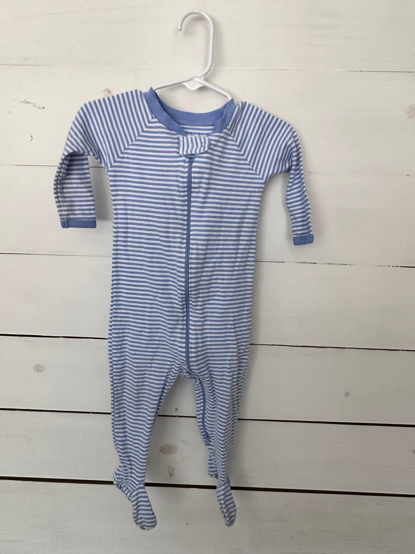 Lake: Cornflower blue striped footies with double zippers and grippy feet