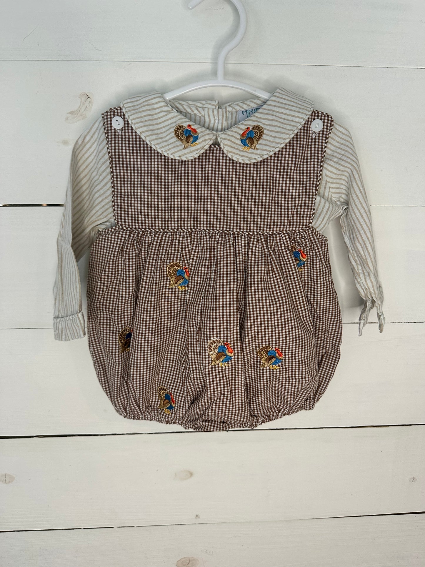 6M - The Smocked Bear Gingham Bubble with Embroidered Turkeys and Matching Undershirt