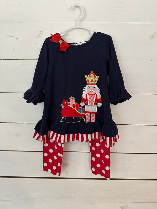 4T - Rare Editions Navy Nutcracker top with red polka dot pants