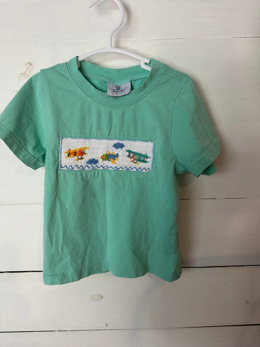 2T - Smocked Polkadot - Green Smocked Airplane Tshirt