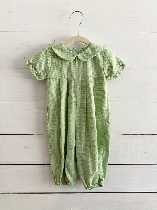 Petit Ami Green Mini Hounds tooth Peter Pan Collared Romper
