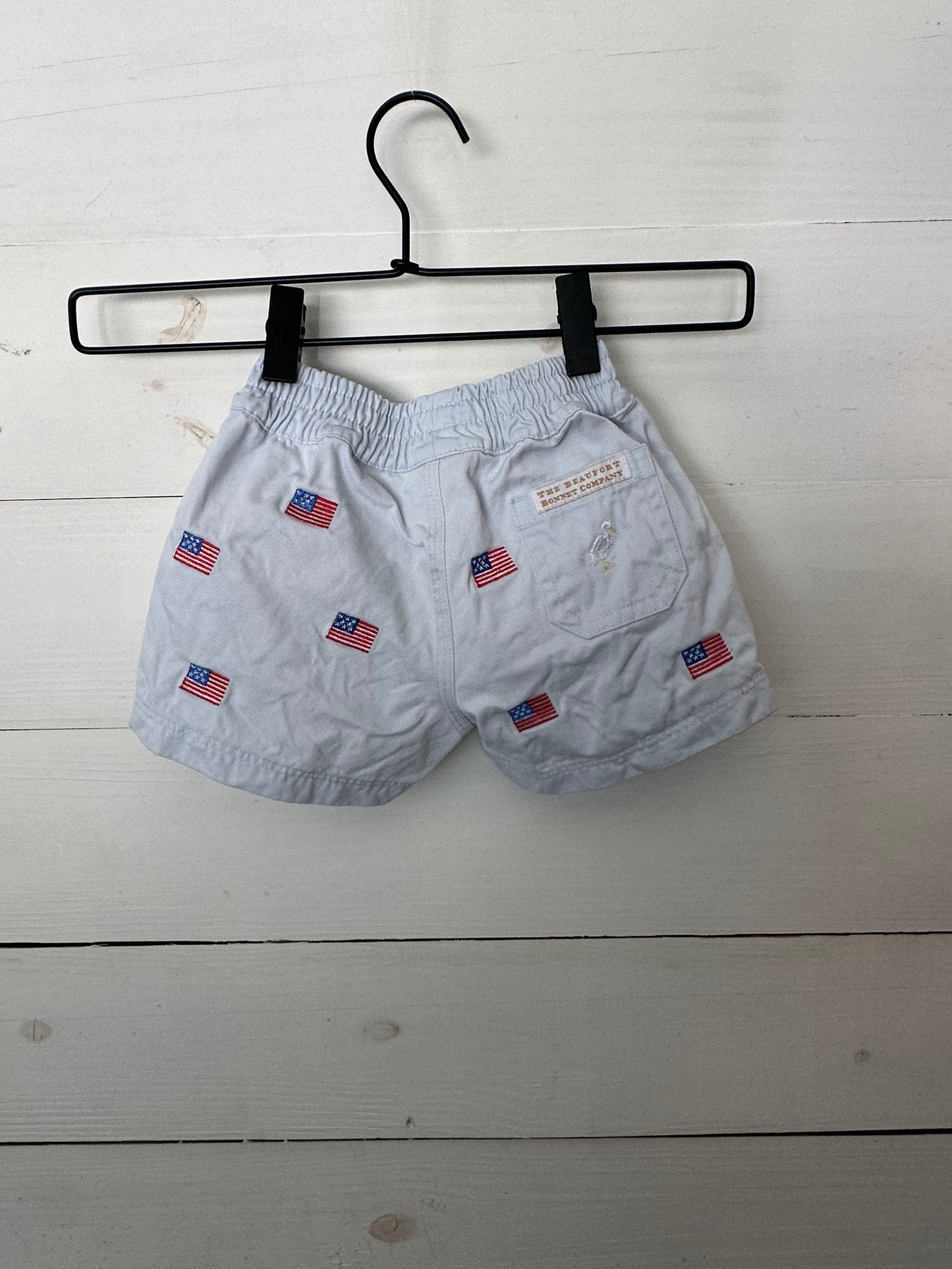 TBBC: Light blue pull on shorts with embroidered American Flags