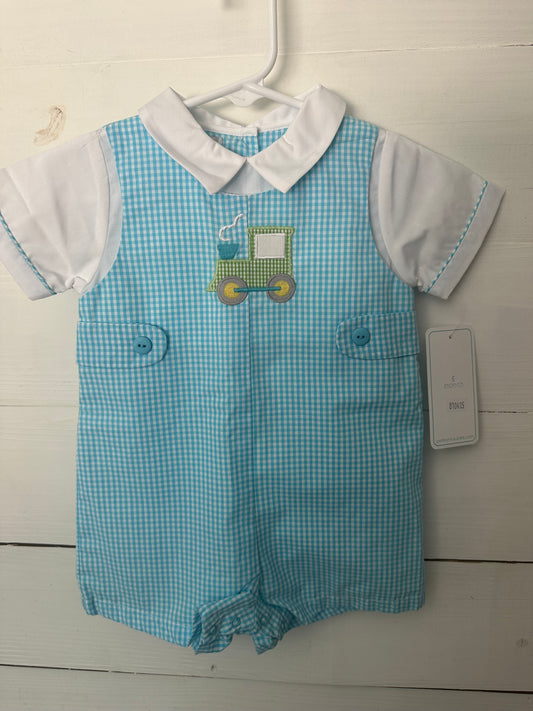 6M - NWT Petit Ami Blue Gingham JonJon with Appliqued Train & Matching Shirt