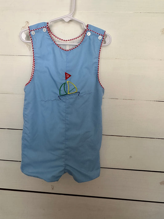 Blue sailboat Jon Jon with red gingham piping