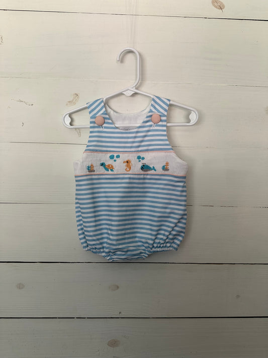 Carolina Smocks Blue Striped Bubble with Smocked Sea Animals