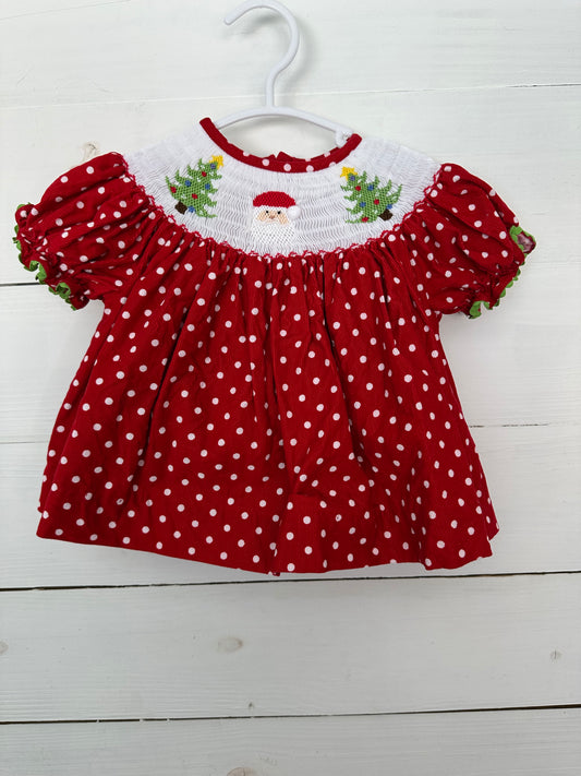 6M Lolly Wolly Doodle: red and white polka dot bishop dress with smocked Santa & Christmas trees (matching bloomers)