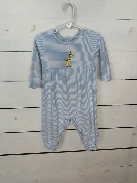 12M - Stichy Fish Baby Blue Striped Romper with Appliqued Giraffe