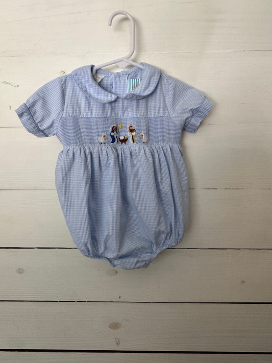 Southern Sunshine: Blue gingham bubble with smocked nativity scene