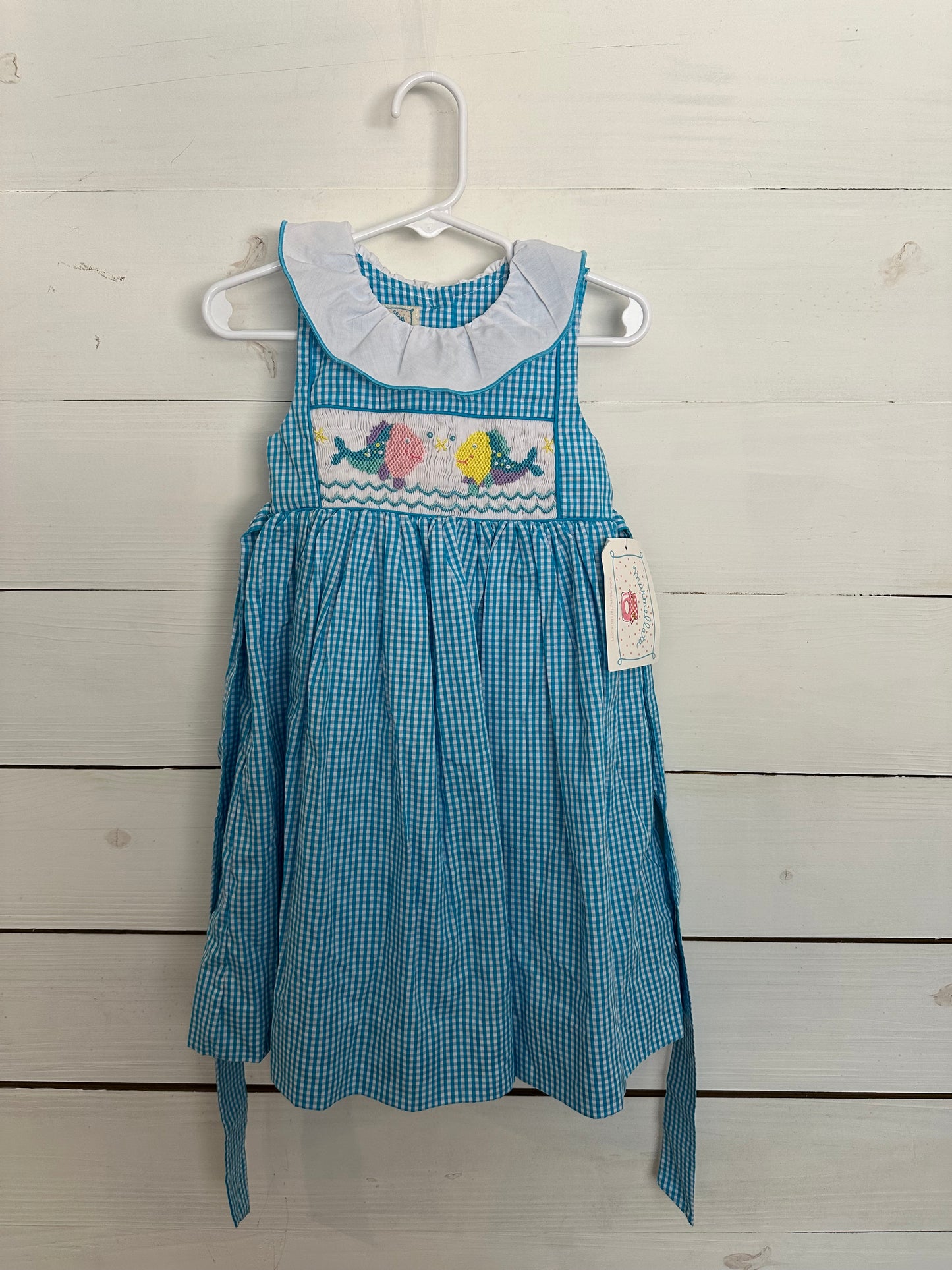 Marmellata Blue Gingham Dress with Smocked Fish